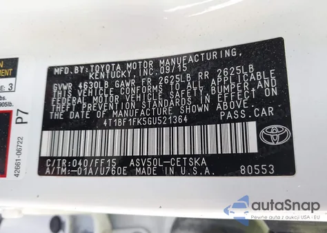 2016 Toyota Camry Se из США, поврежденный, VIN 4T1BF1FK5GU521364